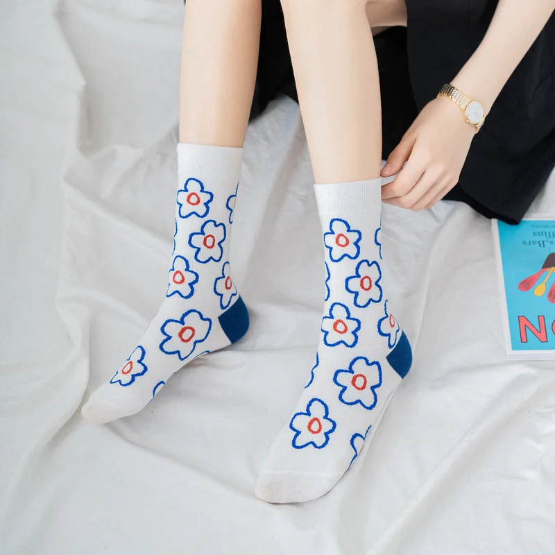 

CHAOZHU Korea Fashion Girls Flowers Black White Blue Pink Beige Spring Autumn Young Puss Fresh Cotton Jacquard Sokken Sox