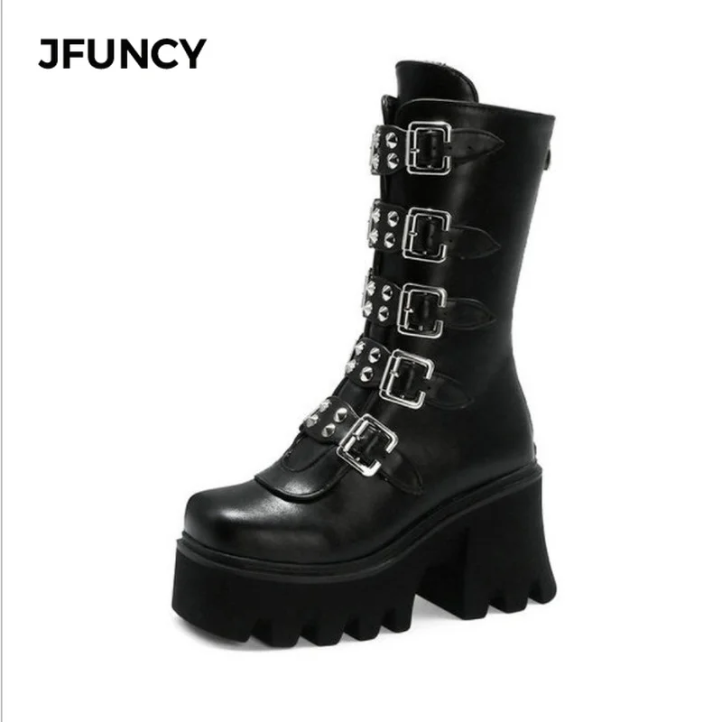 

JFUNCY Women's High Boots Winter Gothic Punk Shoes Woman Black Buckle Strap Zipper Thick Bottom Heels Women Platform Boots
