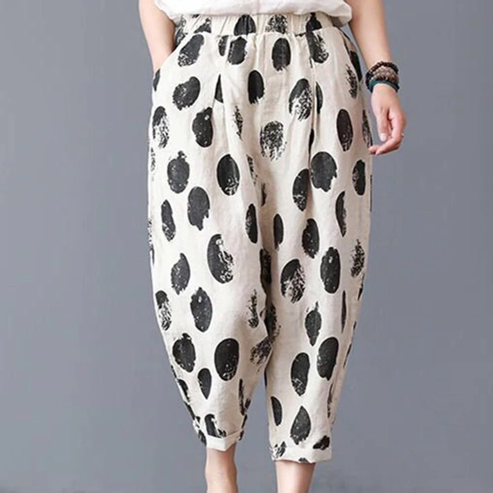 Женские штаны-шаровары с высокой талией и эластичным поясом принтом большого