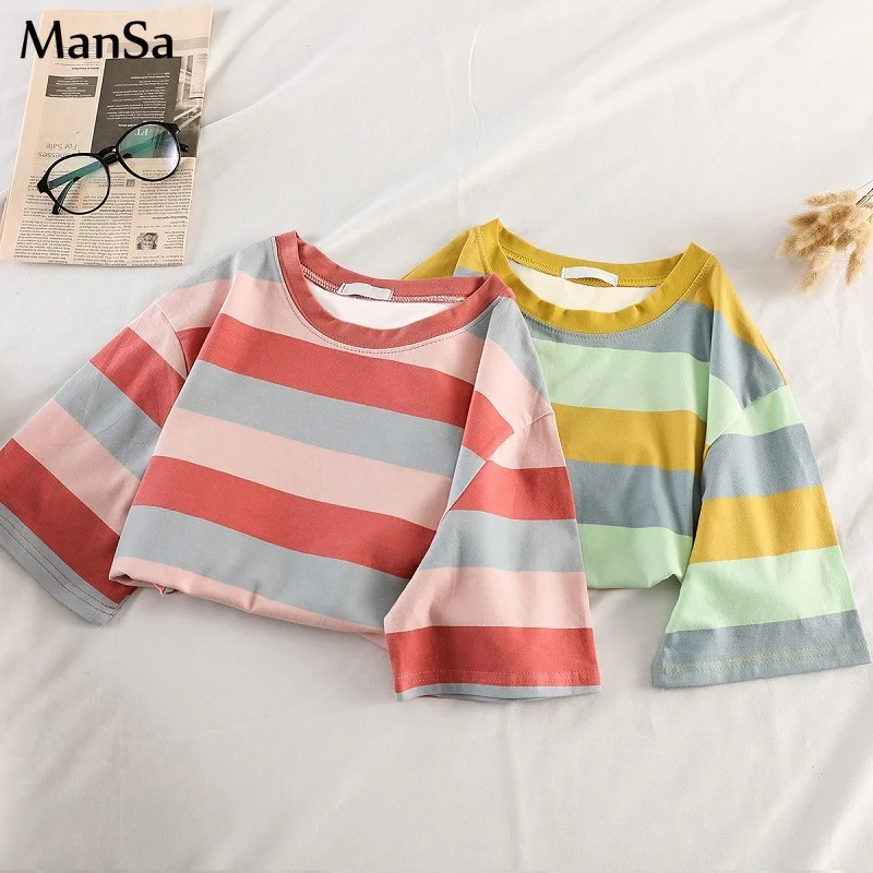 Корейские кавайные радужные полосатые футболки летние новые Графические