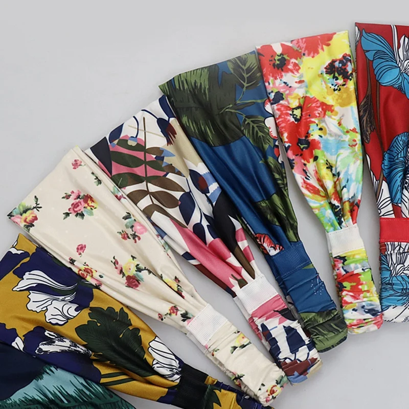 Лента для волос эластичная с цветочным принтом Спортивная широкая Байкерская