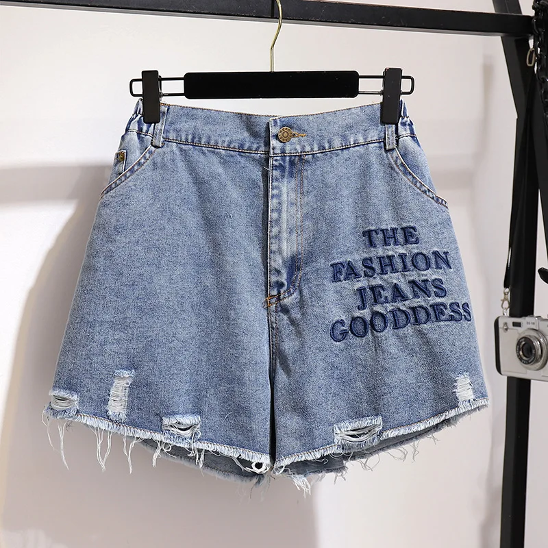 

5XL 6XL Women Summer Shorts plus size loose letters embroidery Denim Jeans Sexy Ripped Hole Girl Casual Hot Short JC161