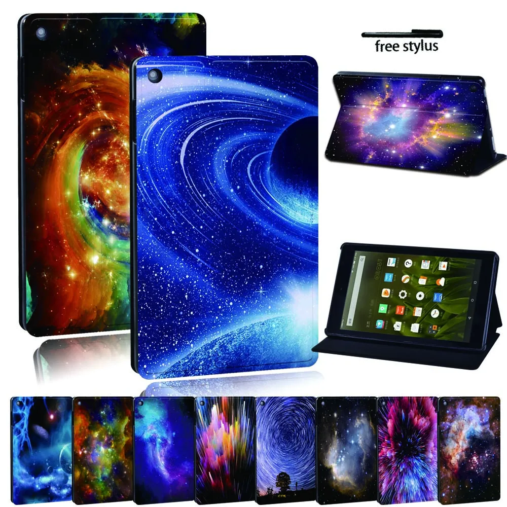 

Case For Fire 7 5/7/9th Fire HD 8 10 alexa PU Leather Tablet Stand Folio -Ultra-thin Star space tablet Stand Cover + Stylus