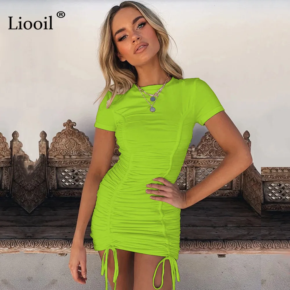 Liooil, сексуальное облегающее мини-платье с рюшами,, короткий рукав, о-образный вырез, черный, белый цвет, облегающие платья, женские вечерние платья для ночного клуба - Цвет: Зеленый