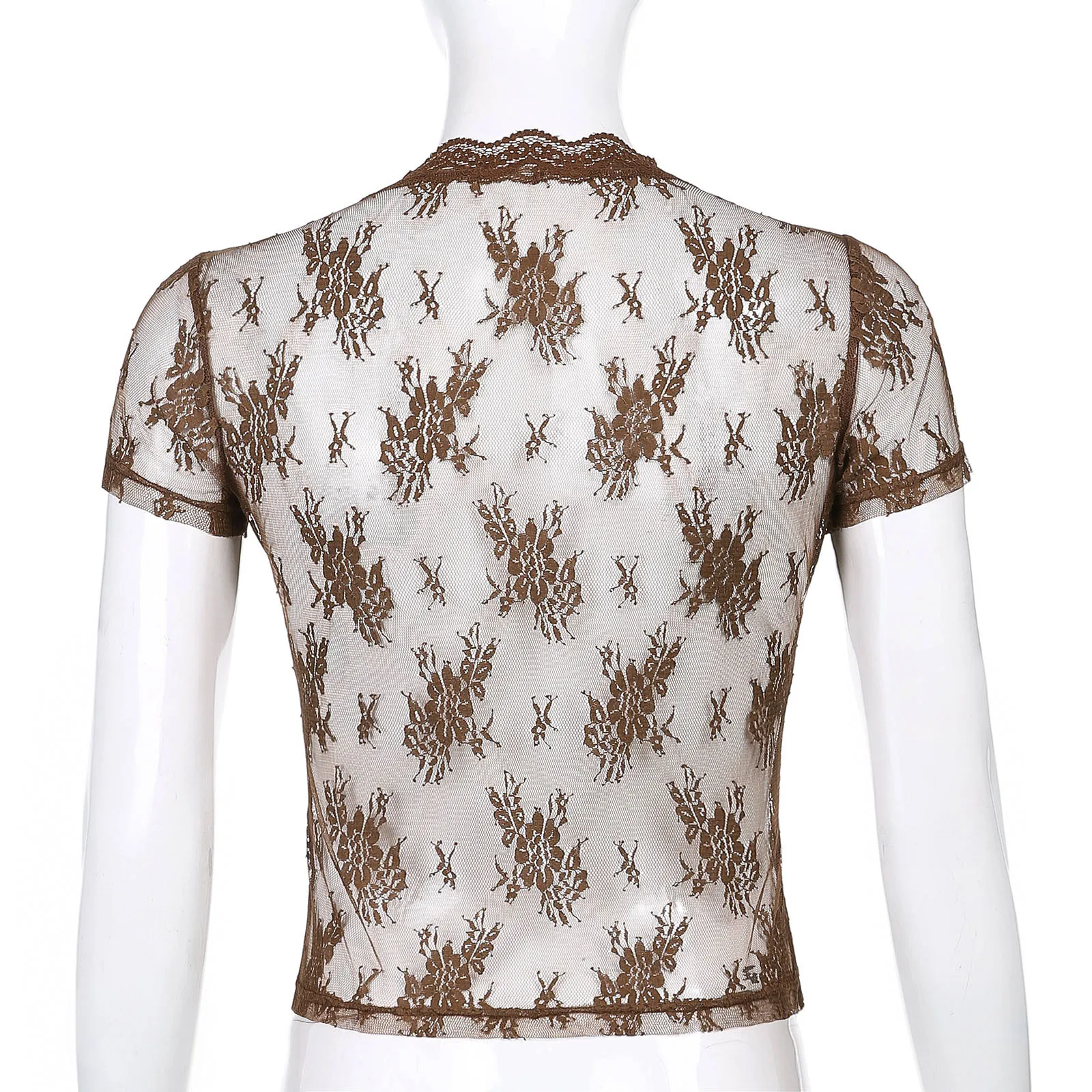 

2021 Summer Women Lace Cardigan Tops T Shirt See-through Mesh Flower Tie Y2K Sexy Short Sleeve Open Front Small Cardigan Tee Top
