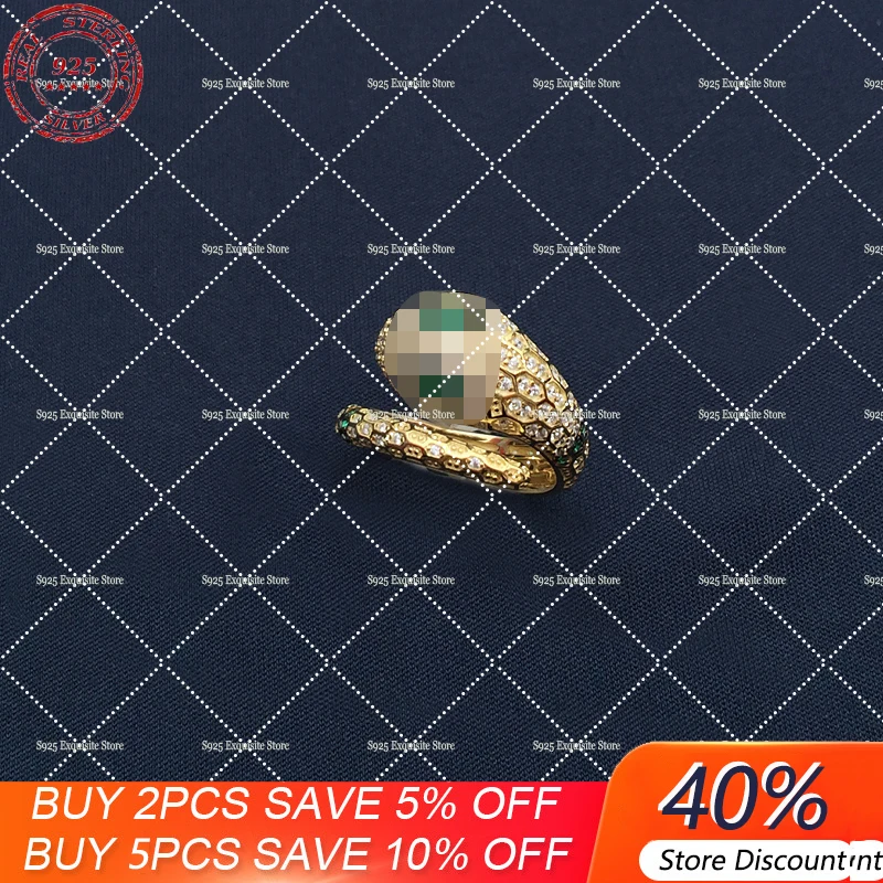 

S925 Sterling Silver Micro-inlaid Zircon Gold Exotic Snake-shaped Open Ring European And American Luxury Brand Monaco Jewelry