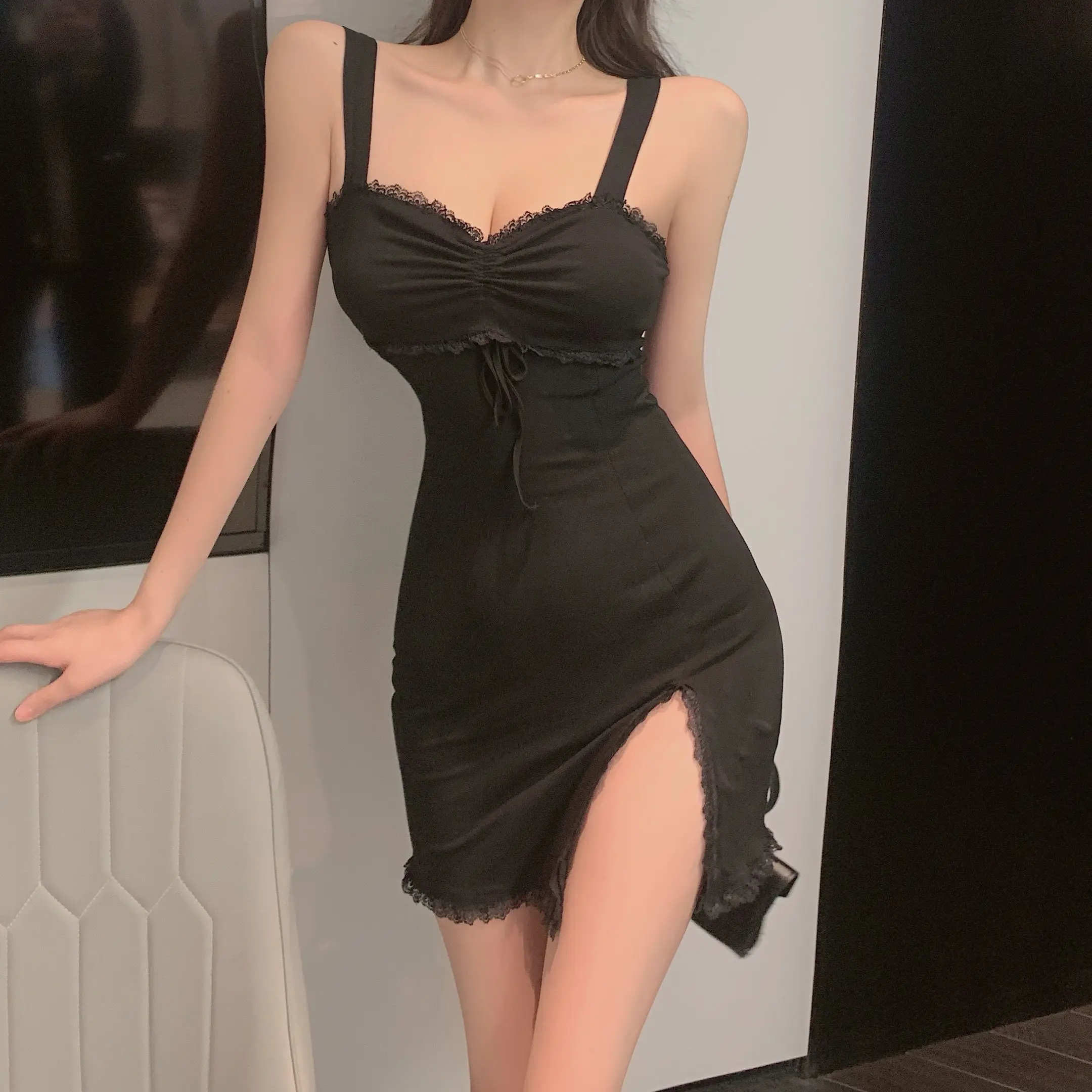 

COIGARSAM Sexy Women dress New Summer Sheath Dresses Black 9881