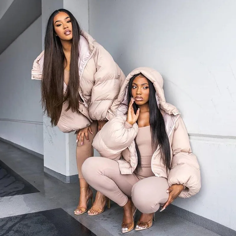 Chic Warm Solid Windbreak Hooded Jacket Coats Women Winter Loose Casual Streetwear Outerwear 2021 Baggy Cotton-Padded Clothes