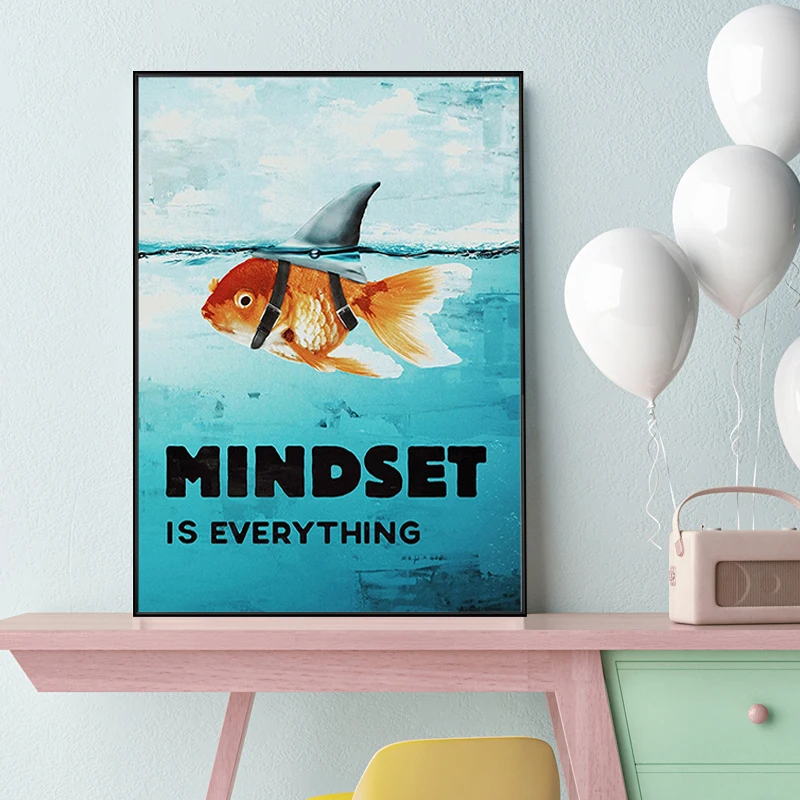 

Animal Fish Canvas Painting Mindset Is Everything Motivational Shark Canvas Art Poster and Print Animals Picture for Home Decor