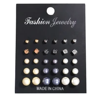 15 pairsset crystal simulated pearl earrings set women girl jewelry black card piercing ball stud earrings brincos gift