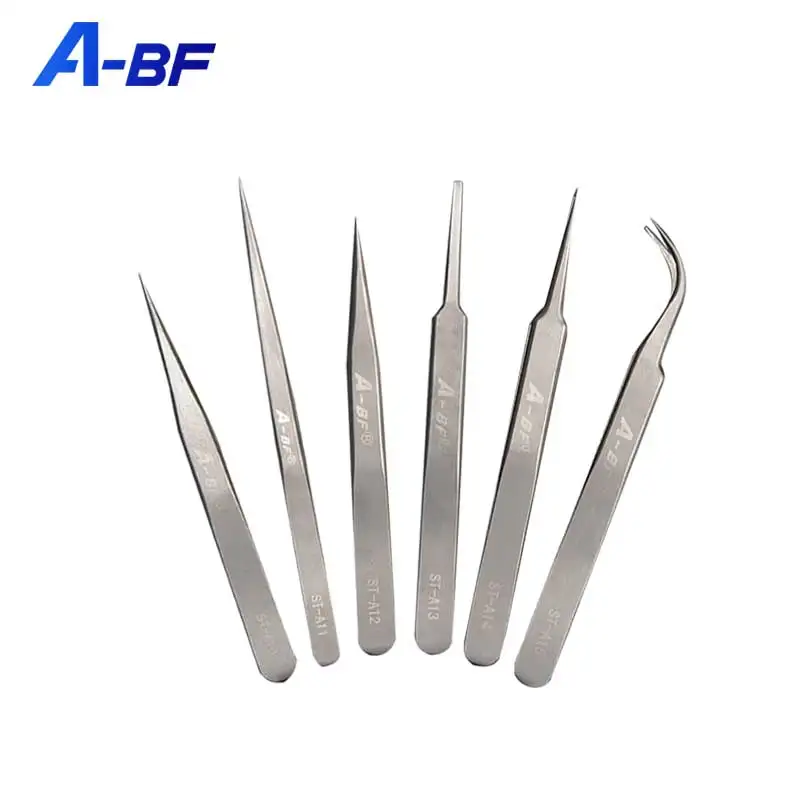 

A-BF Stainless Steel Tweezer Prefessional High Quality Class A HRC40 Tweezers Set 6Pcs Industry High Hardness