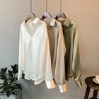 Женская рубашка на пуговицах, элегантная белая блузка из искусственного шелка, топ, зеленая рубашка на осень, 2021