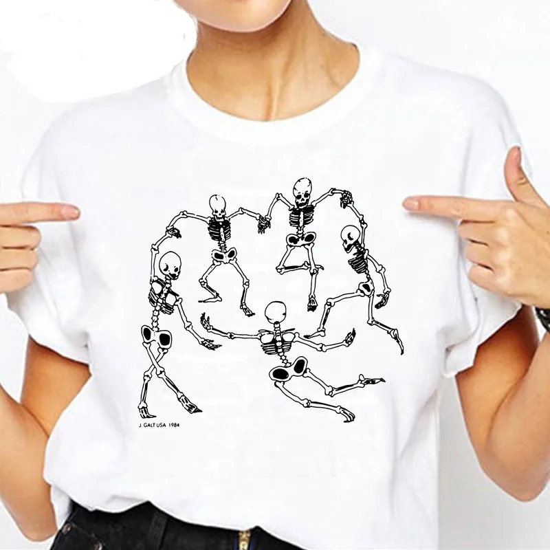 

ZOGANKIN Women Skeleton Dance T-Shirt Tumblr Grunge Aesthetic White Tee Hipster Art Hoe Shirt Women Tee Shirt Female Clothes