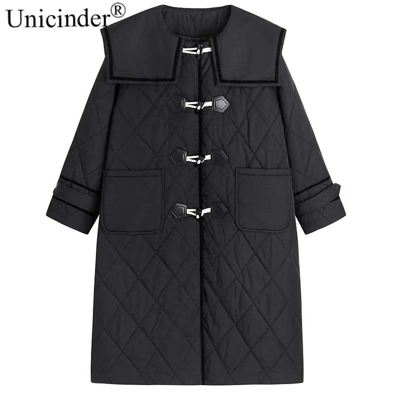 

unicinder 2020 Winter plus size cotton padded dress woman Navy collar Korean horn button cotton womens winter coats #61007