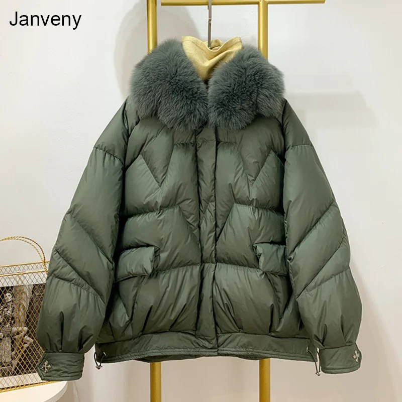 

Janveny короткий пуховик женский 2021 Зимний натуральный Лисий Мех 90% белый утиный пух пальто толстые свободные пушистые парки с перьями
