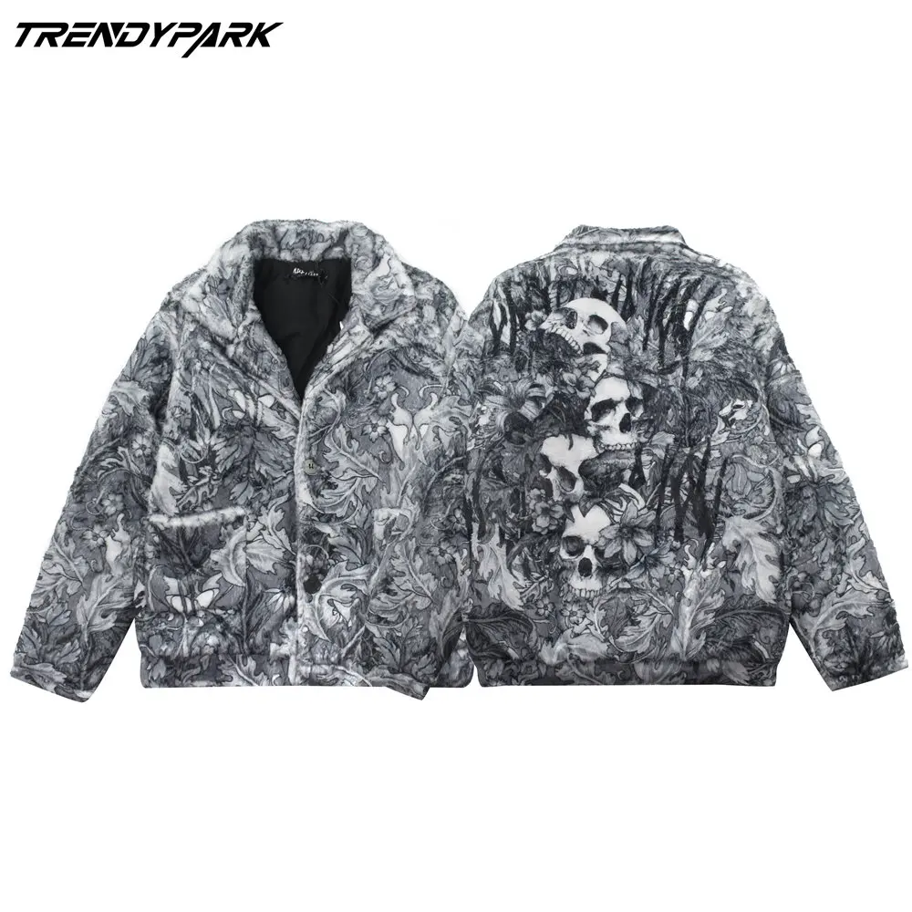 

Jacket for Men Furry Fleece Faux Fur Autumn Winter Jacket Skulls Print Warm Coat Casual Outwear Streetwear Coat Women Clothing