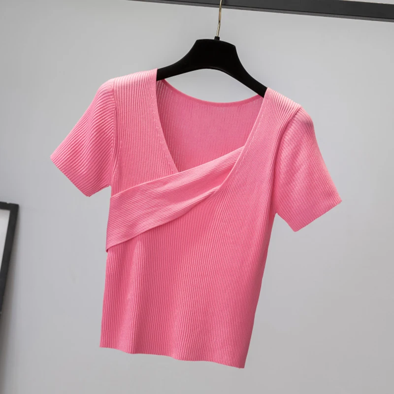 

2021 Thin Summer Pullover Women's Sweater Short Sleeve V Neck Slim Short Black Sweater Soft Korean Ladies Sweaters Pull Femme