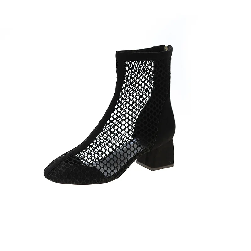 

2021 Spring and Summer New Women's Shoes Hollow Mesh Boots Roman Sandals Fashion Thick Heel Breathable Mesh Short Boots