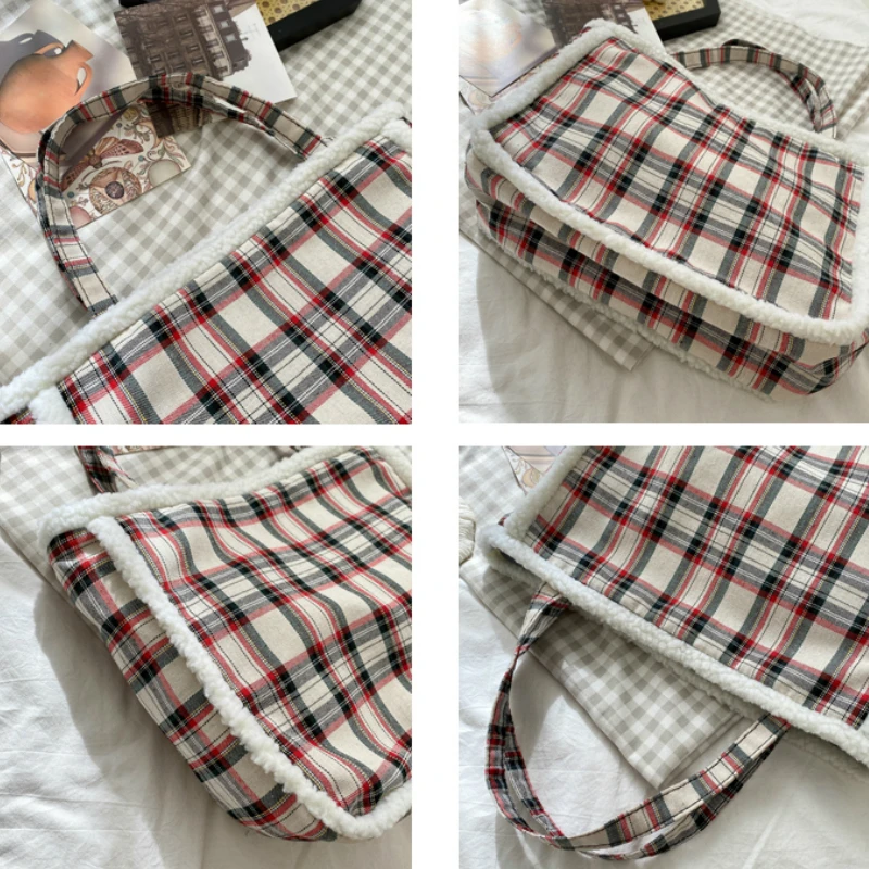 

Faux Fur Bag Women Winter Plaid Soft Female Handbags Shoulder Bags Large Capacity Ladies Casual Tote Fashion All-match Students