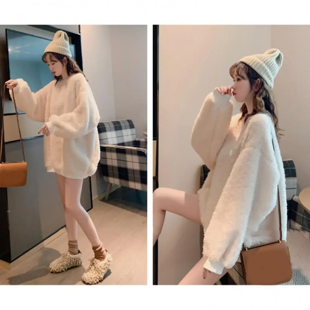 Women Autumn Winter Solid Color Pullover Plush Thick Oversized Sweatshirt Hoodie Sweatshirt Hoodie