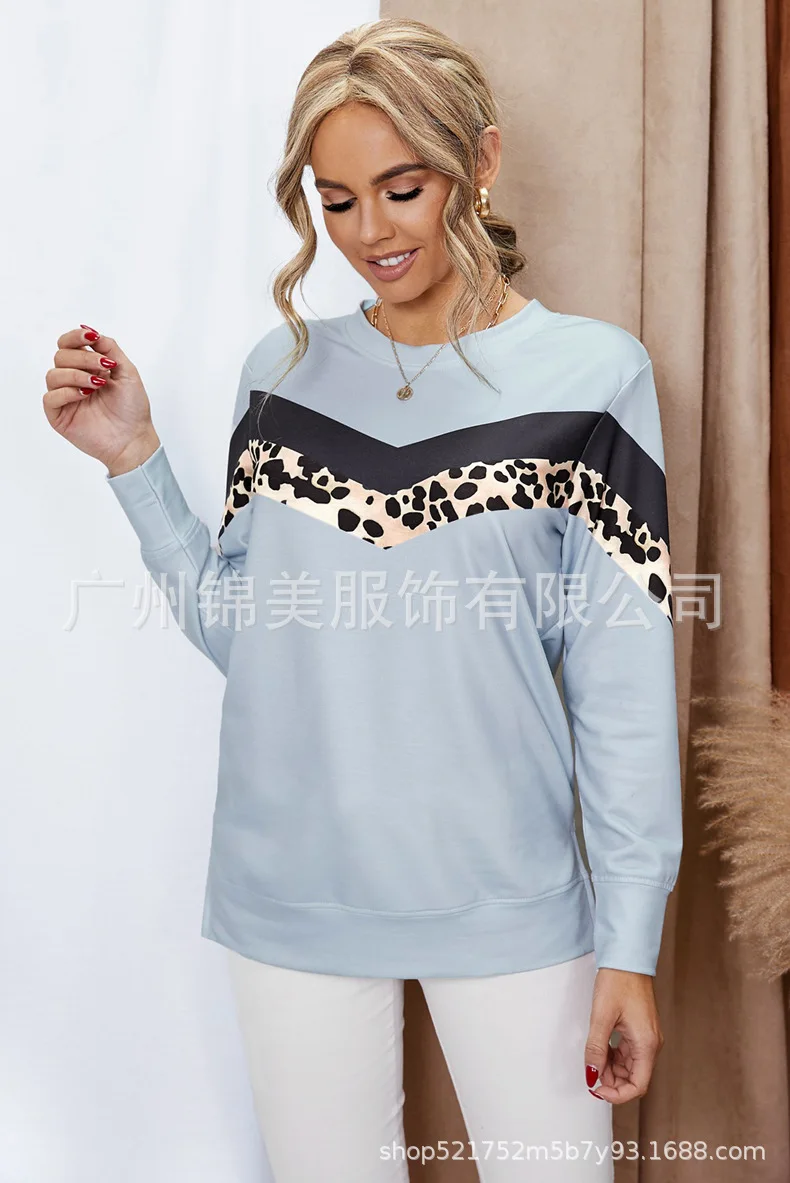 

Donsignet Fashion Women's T-shirt Leisure Hot Sale Round Neck Pullover Solid Color Leopard Stitching Loose Long-sleeved T-shirt
