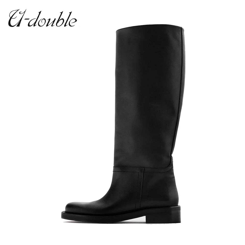 

U-Double Women Knee High Boots Real Leather Warm High Quality Boots INS Thick High Heels Motorcycle Boots Big Size 42 Woman Boot