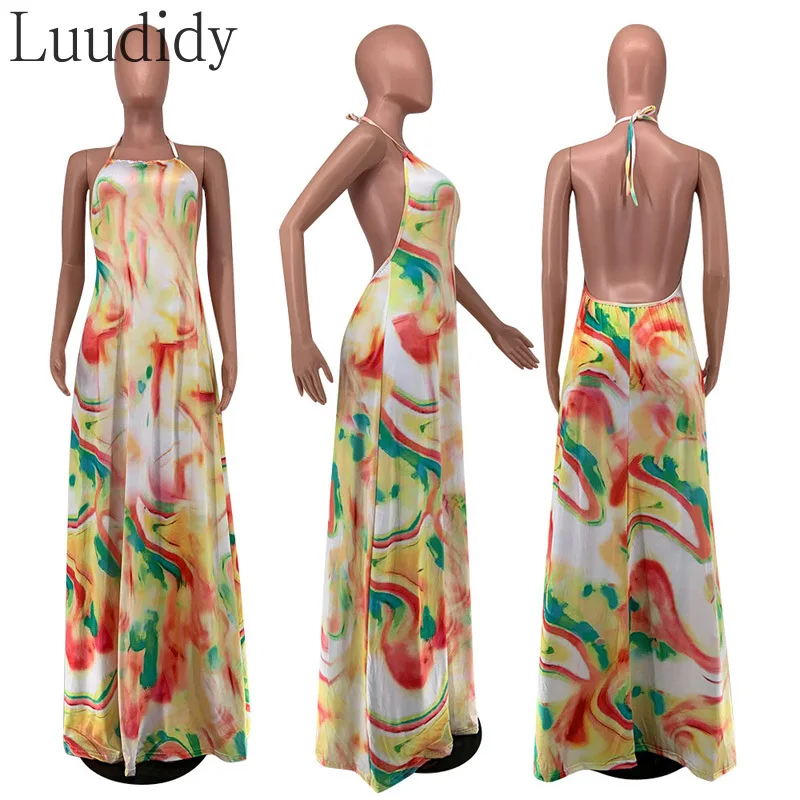 

Women Casual Tie-Dye Print Halter Maxi Dress Sleeveless Ruched Long Robe