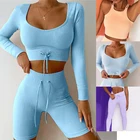 Женский комплект для йоги из двух предметов, одежда для фитнеса из двух предметов, короткий топ, рубашка, леггинсы на шнуровке, бесшовный спортивный костюм, тренировочный наряд, одежда для спортзала