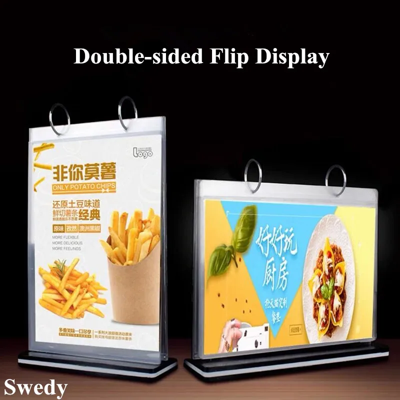 

A4 Page Turning Table Acrylic Sign Holders Display Stand For Restaurant Menu Paper Card Holder Poster Label Frame