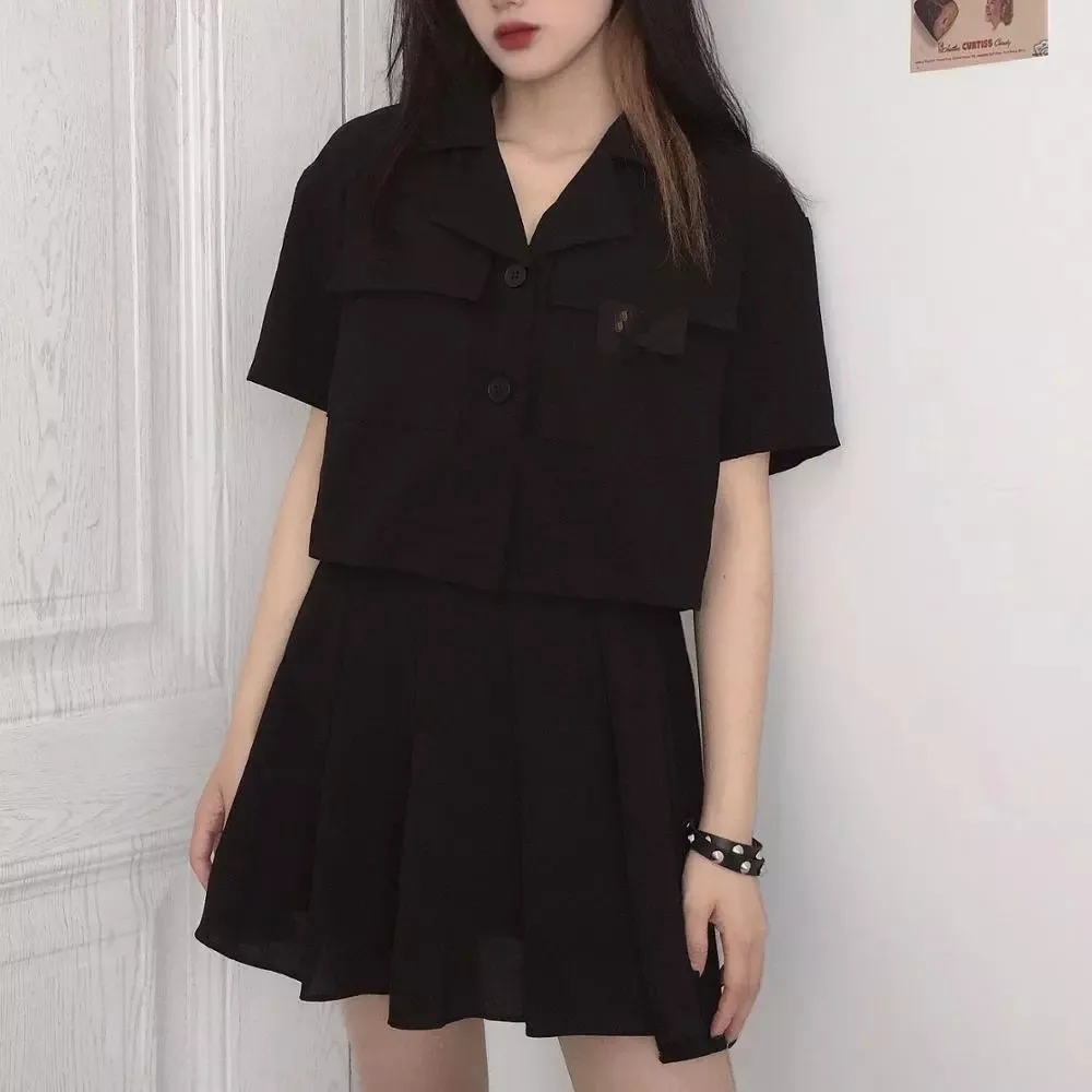 

Short Pleated Suits 2 Piece Sets Preppy Style Solid Blazer Jacket & Zipper Skirts Suit For Women Set Feminino Summer