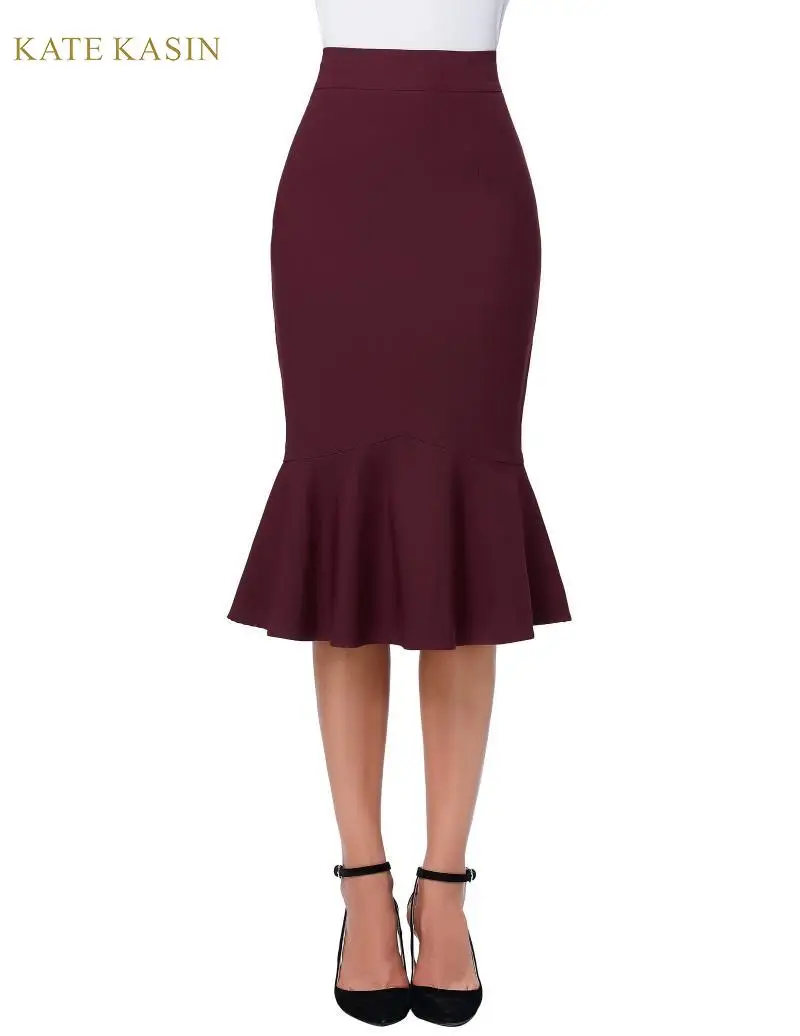 Женская офисная юбка карандаш Kate Kasin однотонная облегающая до колена с высокой