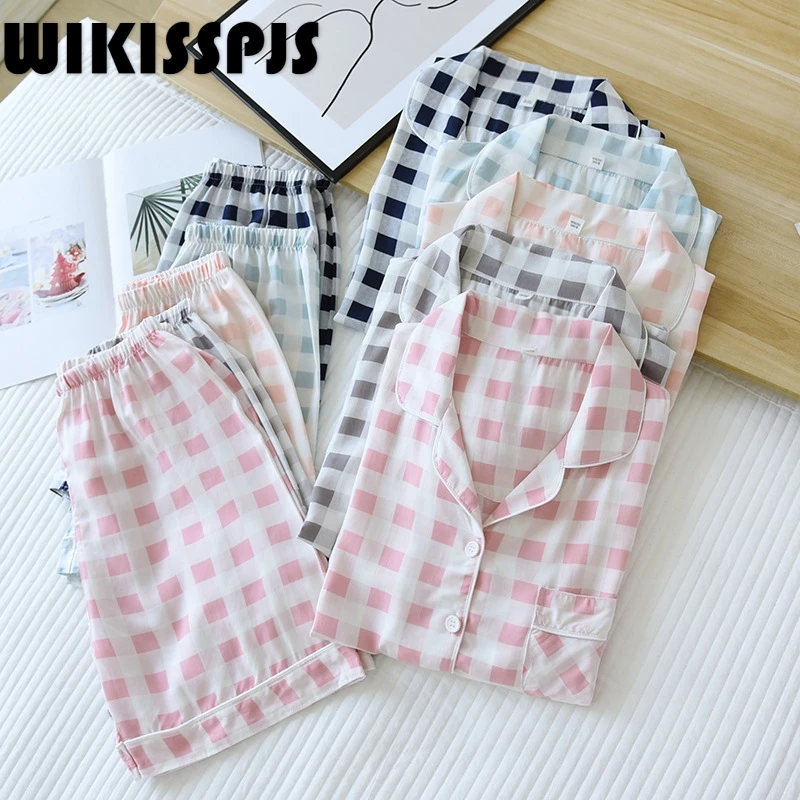 

Новинка лета 2022, повседневный квадратный клетчатый хлопковый кардиган, костюм, пижамный комплект, женская одежда для отдыха, комплекты для отдыха, летний комплект из двух предметов