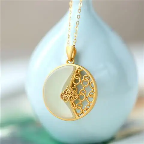 

S925 Sterling Silver Inlaid Natural Hetian Jade round Hollow White Jade Ruyi Simple Chic Ladies Pendant Ornaments