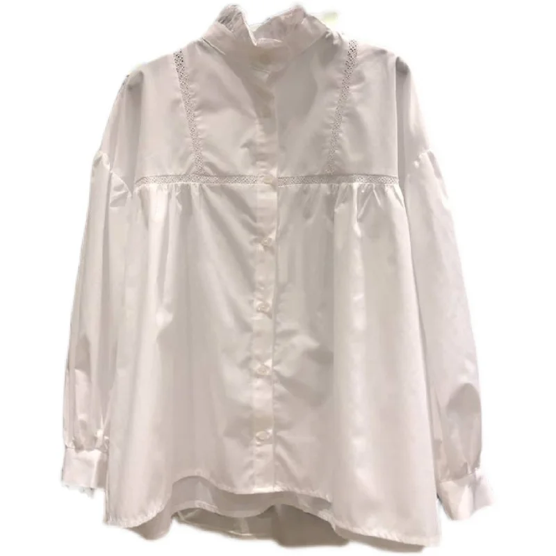 

Spring new temperament show thin button long sleeve casual shirt collar lace frock