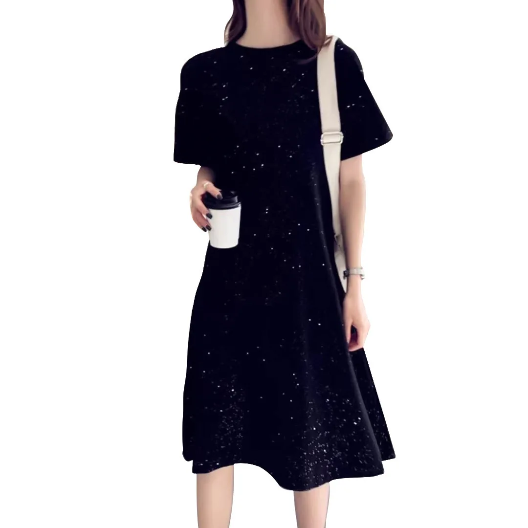 

Women Midi Dresses Stars Glitter Summer O-Neck Female Loose Streetwear Black Sequin Shiny Dress Party Club Elegant Vestidos