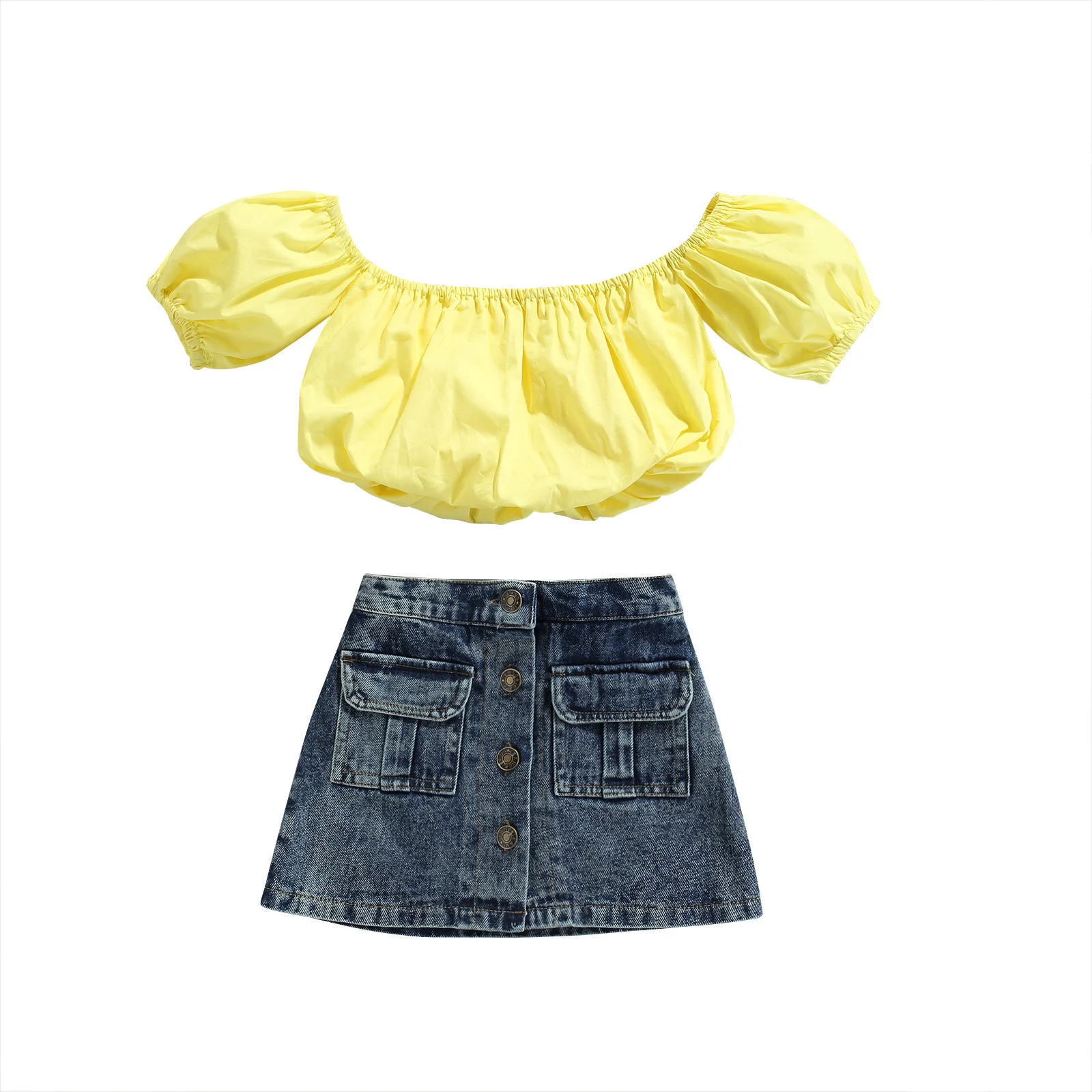 

2021 New Casual 2PCS Toddler Girls Summer Clothes, Short Sleeve Off Shoulder Tops + Button Denim Skirt Set Summer
