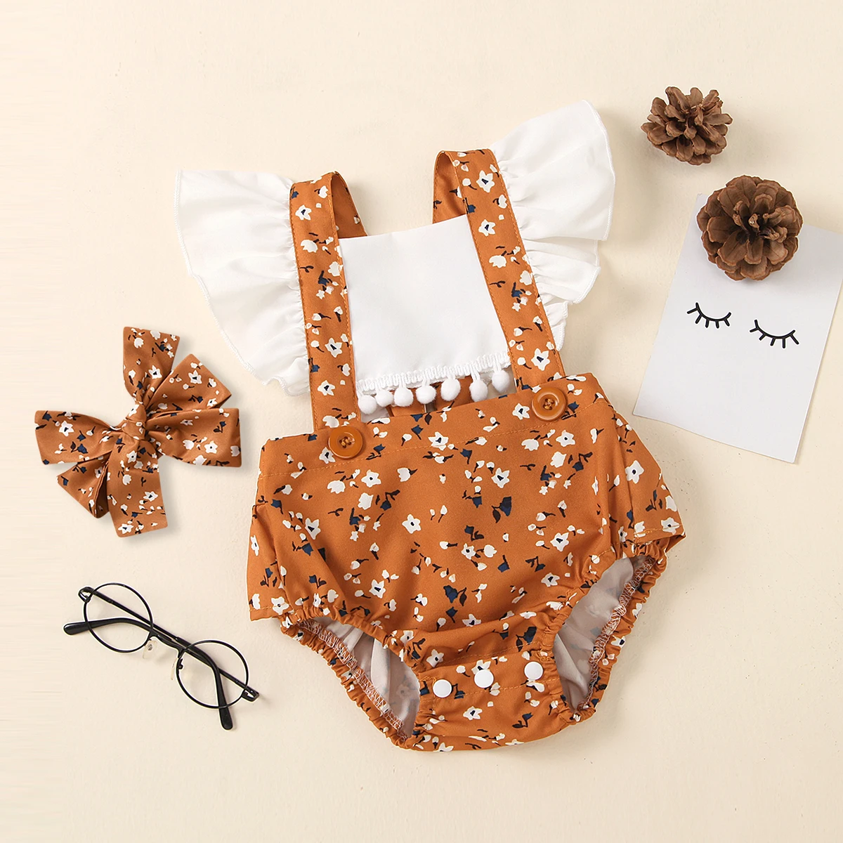 

Infant's Two Piece Outfits Set Toddler's Flower Print Romper Top Flying Sleeves Bow Hair Band for Kids Cotton Baby Girl Clothes
