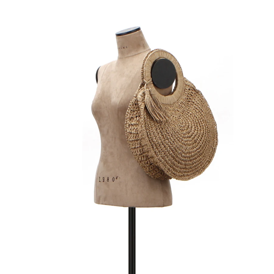 

Handmade Round Women's Handbag Woven Summer Tassel Beach Bag Bohemian Weave Straw Bags Women Casual Handbags Tote Bag 2021