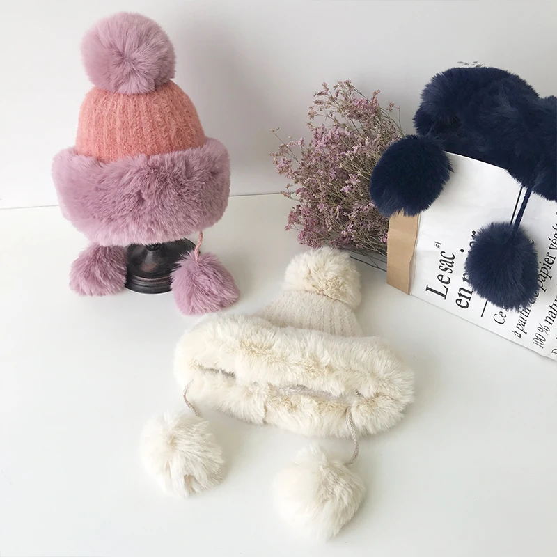 Зимние женские одноцветные вязаные шапки Faxu Fox Pom, шапки-Бомберы, Русская Шапка для девушек, теплая плотная Лыжная шапка для защиты ушей, Шапка-бини
