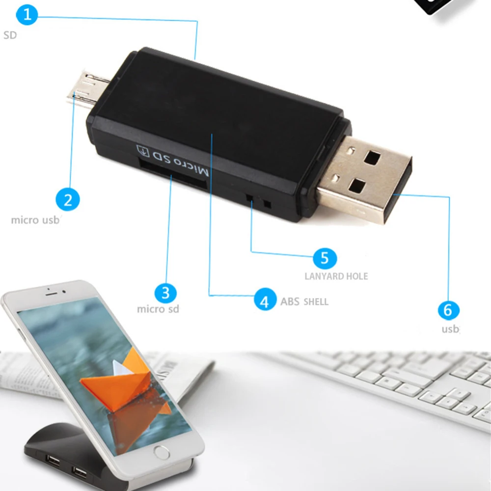 Все в одном памяти считыватель карт OTG Micro SD/SDXC TF Card Reader устройство чтения USB 2 0
