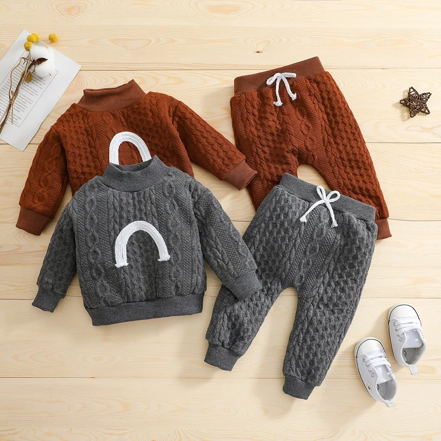 

Fall/Winter Boys' Pure Color Sweater Warm Sweatshirt Set Girls Baby Rainbow Print Thick Pullover + Trousers Two-piece Set