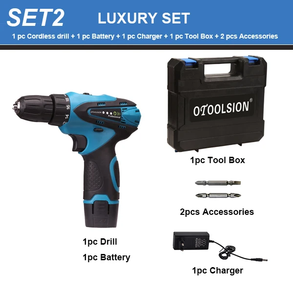 SET2 (1 pc battery) Электрические Шуруповерты с переменной скоростью 12 В 1500 мАч с 2 батареями, электрическая дрель, Аккумуляторная дрель, электроинструменты+ 2 шт., сверло, подарок - Цвет: SET2 (1 pc battery)