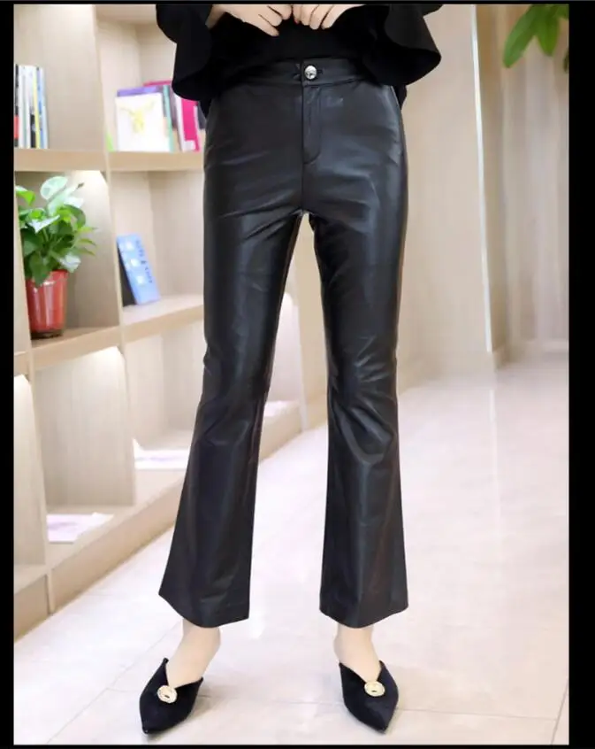 

Female sheepskin leather pants women's flared pants elastic high-waist autumn and winter sheep leather trousers slim pants