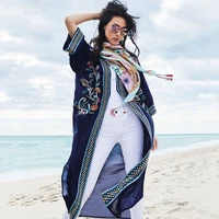 2021 floral embroidered front open long kimono cardigan plus size navy blue tunic women tops and blouses shirts q1146