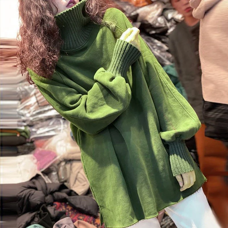 

Autumn and winter plus velvet thick high-neck women's sweater loose large size mid-length ladies jacket Korean street style