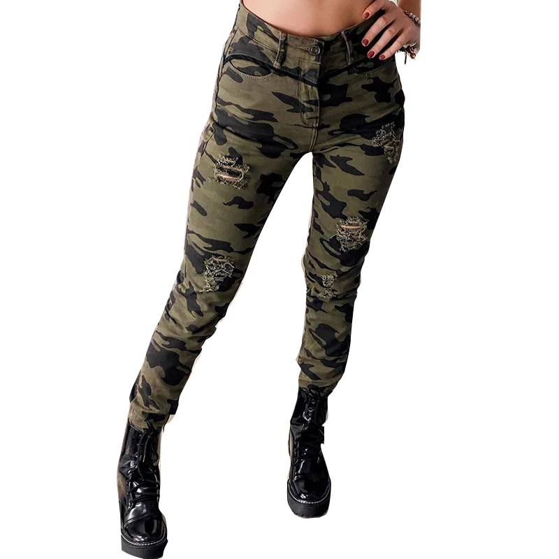 

Women's Hole Pant Camouflage Print Casual High Waist Pocket Korean Fashion 2021 Retro Skinny Pencel Full Trousers Female SJ8177R