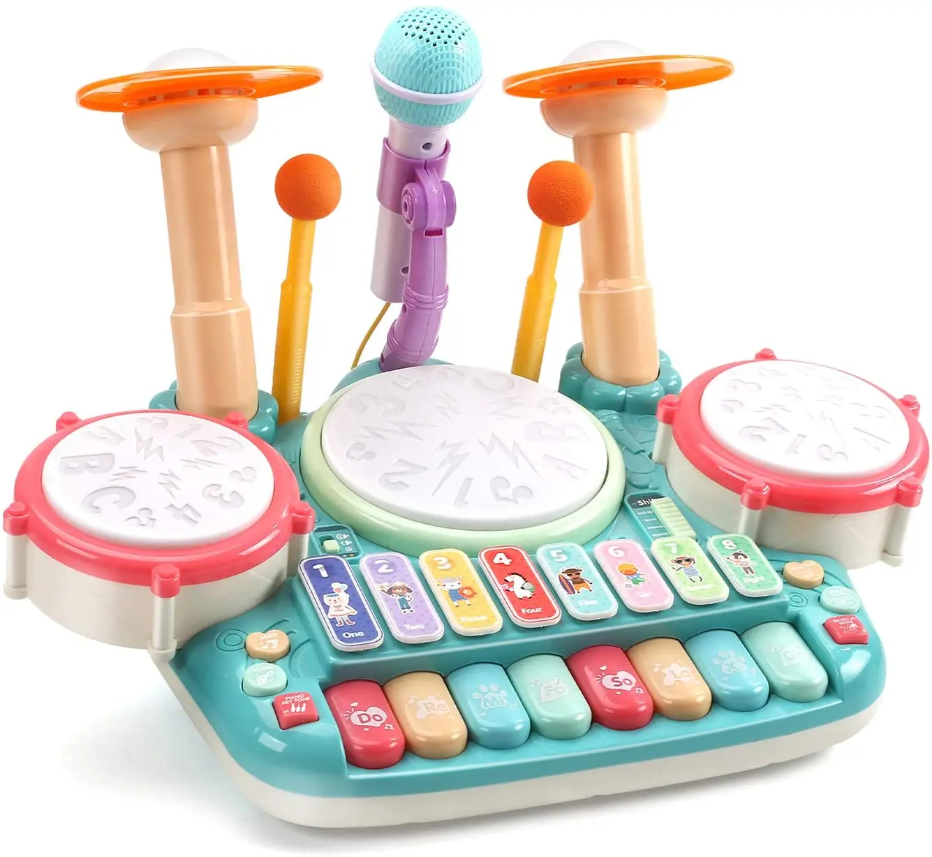 2022 New 5 in 1 Musical Instruments Toys,Kids Electronic Piano Keyboard Xylophone Drum Toys Set with Light, 2 Microphone, Lear