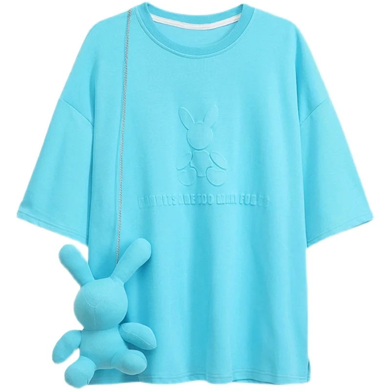 Camiseta larga para mujer, Camiseta con estampado de letras tridimensional, de Color caramelo para niña Camiseta holgada, camiseta para mujer, paquete de conejo gratis