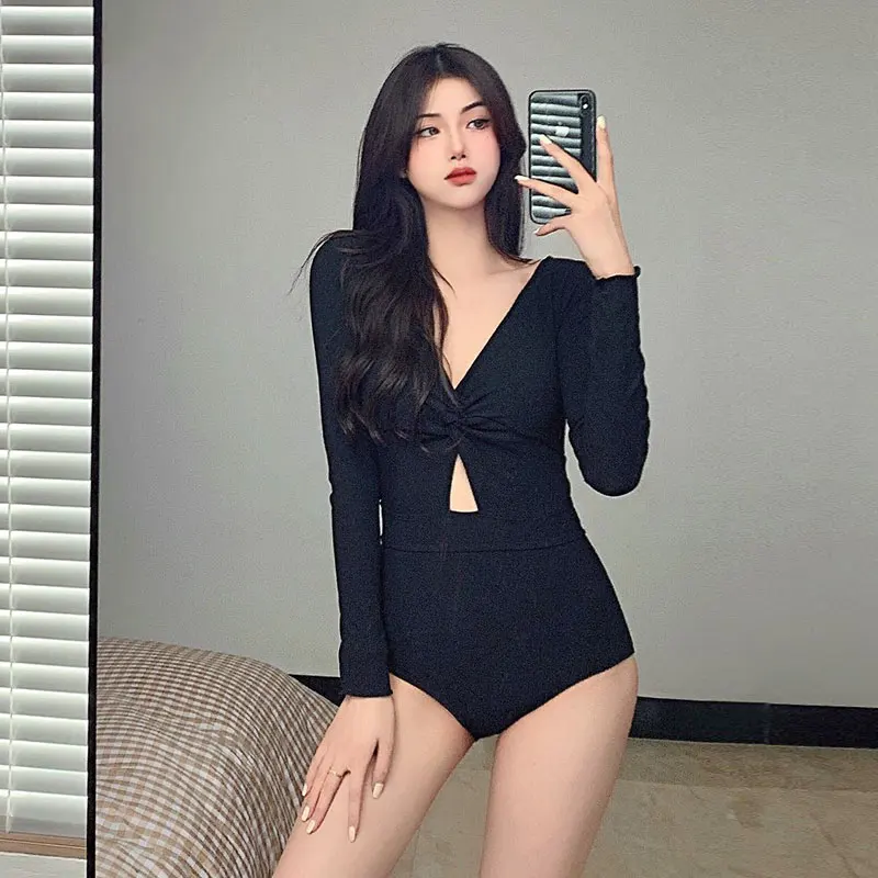 

Summer Open Back Swimwear Long Sleeve Suncreen Bathsuit Solid One Piece Swimsuit Women Hollow Out Ruched Bandage Beachwear