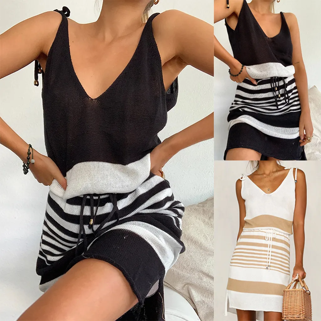 MISSOMO Women Dress Summer 2020 Casual Off Shoulder V-Neck Stripe Print Sleeveless Lace-up Sundress Sexy Vestidos Backless | Женская